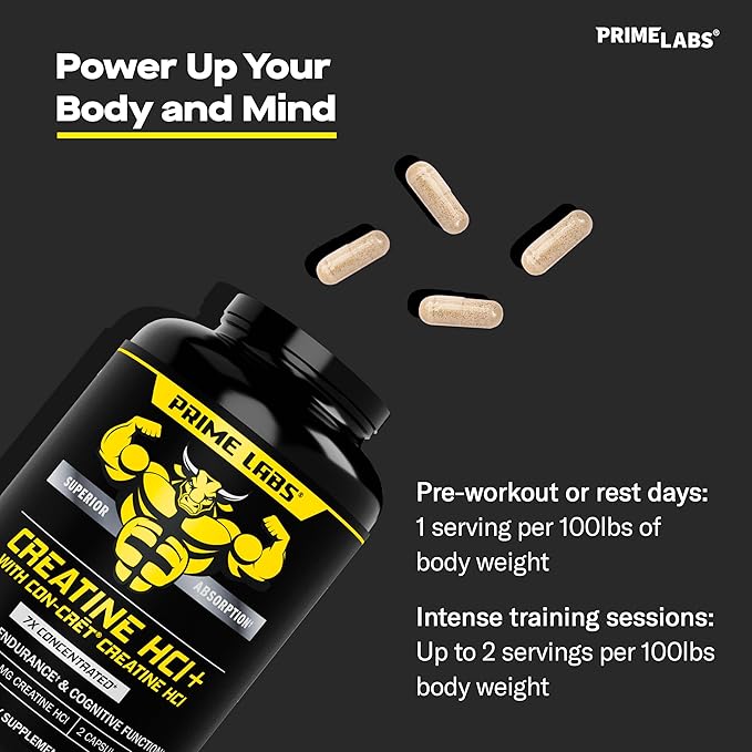 Prime Labs Concrete Creatine HCl Capsules - with CON-CRĒT®, Rhodiola Root Extract, & L-Theanine - Muscle Support, Endurance, Cognitive Function - for Men & Women - 60 Count