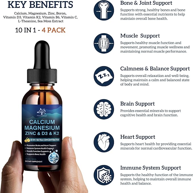 (4 Pack) 10 in 1 Calcium Magnesium Zinc Supplement, Magnesium Glycinate Complex Liquid Drops with Vitamin D3 K2 B6, Vegan Calcium Citrate Bone & Immune Health Support, Sleep & Cramps, Boron, 1 Fl Oz