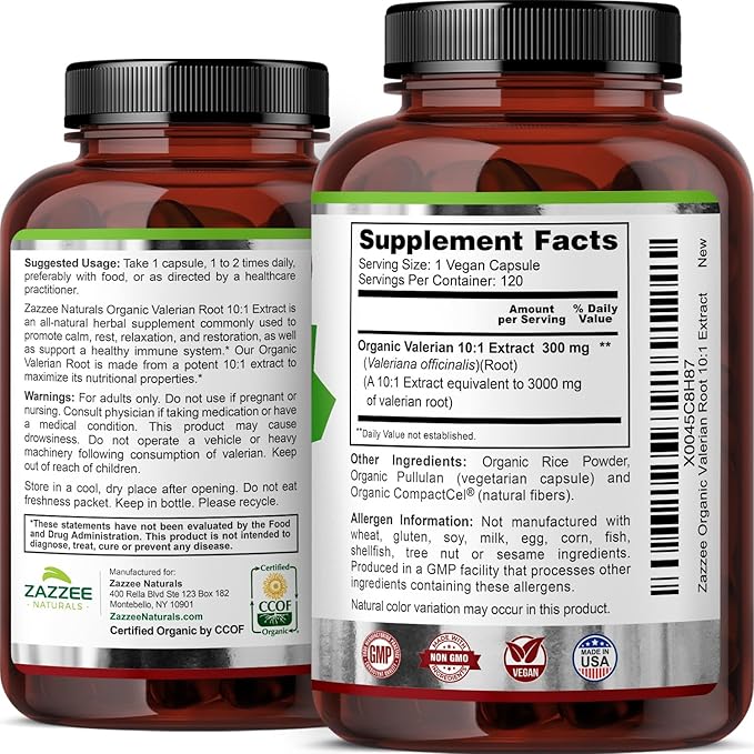 Zazzee USDA Organic Valerian Root 10:1 Extract, 3000 mg Strength, 120 Vegan Capsules, 4 Month Supply, Valeriana officinalis, 10X Potency, 100% Vegetarian, All-Natural, Non-GMO, Made in The USA
