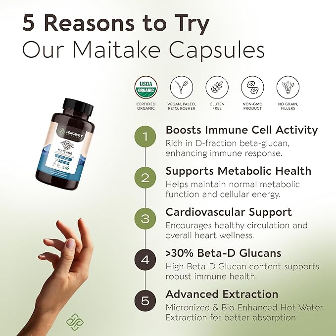 Longevity Botanicals Organic Maitake Mushroom Extract Capsules (120) | Concentrated 10:1 Ratio | 100% Fruiting Bodies | Grifola frondosa Natural Supplement for Gut Health & Immunity Support