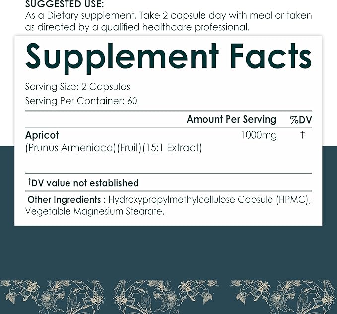 Apricot Extract, 1000 mg 120 Veggie Capsules (Vegan, Non-GMO) Herbal Supplements
