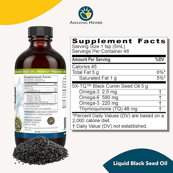 Amazing Herbs Premium Black Seed Oil - Gluten Free, Non GMO, Cold Pressed Nigella Sativa Aids in Digestive Health, Immune Support, Brain Function - 8 Fl Oz