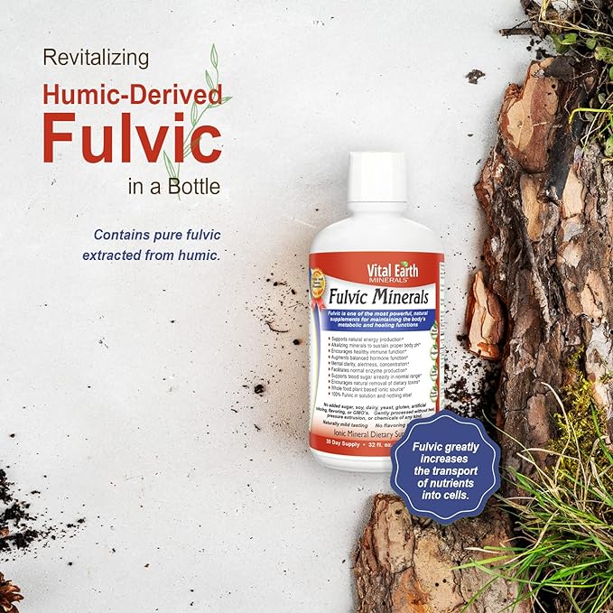 Vital Earth Minerals Fulvic Minerals Liquid – Fulvic Acid Supplement with 70+ Trace Minerals, Electrolytes for Energy & Vitality, 32 Oz + 1 Oz Cup