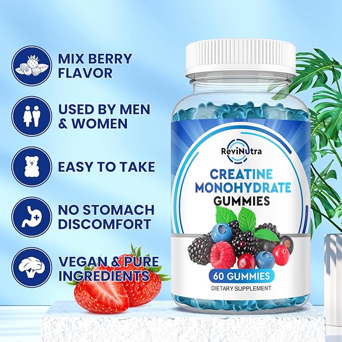 Creatine Monohydrate Gummies for Men & Women, Chewables Creatine Monohydrate with Vitamin B12 for Muscle Growth & Recovery-Vegan, Mixed Berry Flavor, 60 Gummies