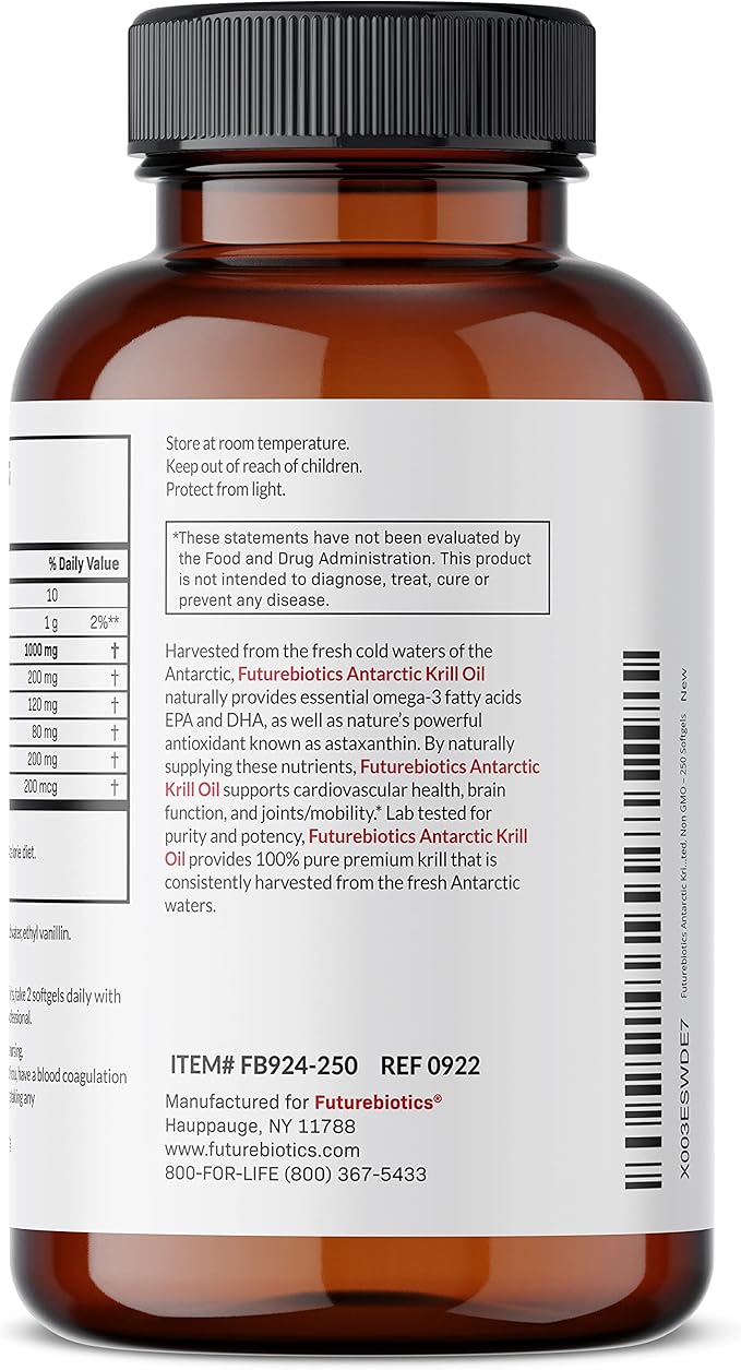 Futurebiotics Antarctic Krill Oil 1000mg with Omega-3s EPA, DHA, Astaxanthin and Phospholipids - 100% Pure Premium Krill Oil Heavy Metal Tested, Non GMO – 250 Softgels (125 Servings)
