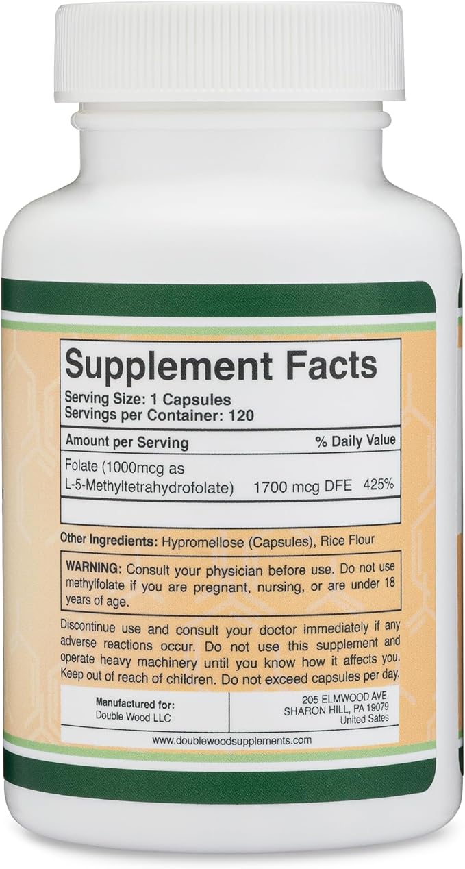 Methylfolate 1,000mcg, 120 Capsules (Third Party Tested Methyl Folate Supplement) Methylated Folate is a More Active Form of Folate Than Folic Acid (Non-GMO, Vegan Safe) by Double Wood