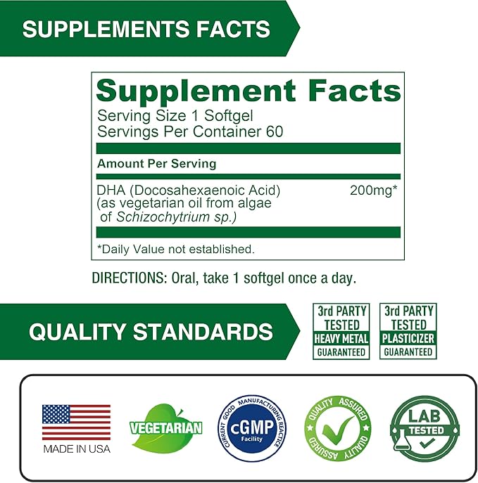 Lovita Algae Oil, Plant Based DHA Alternative to Fish Oil, Vegan Omega 3 with DHA 200 mg, 60 Vegetarian Softgels