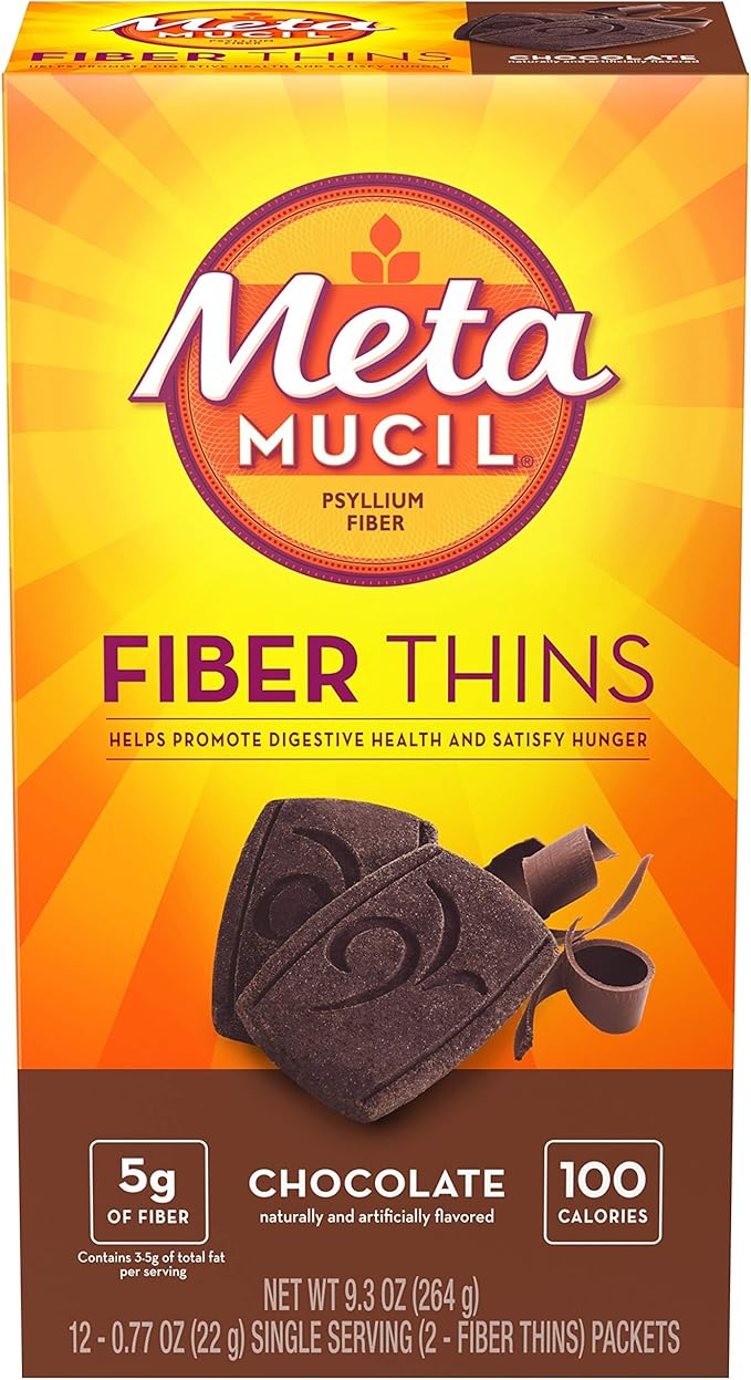 Metamucil Fiber Thins, Psyllium Husk Fiber Supplement, Digestive Health Support and Satisfy Hunger, Chocolate Flavored, 12 Servings (Pack of 2)