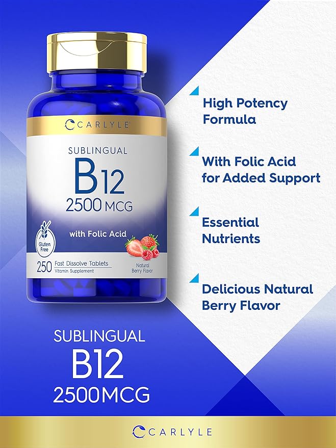 Carlyle Vitamin B12 Sublingual 2500 mcg | 250 Fast Dissolve Tablets | Cyanocobalamin Supplement with Folic Acid for Adults | Natural Berry Flavor | Vegetarian, Non-GMO, and Gluten Free