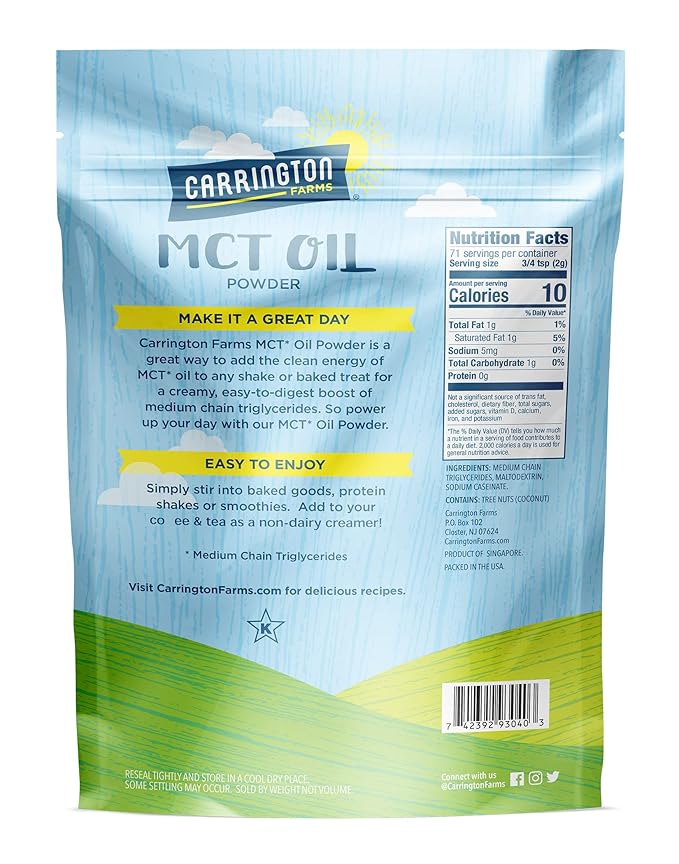 Carrington Farms – Organic MCT Oil Powder – Gluten Free, Hexane Free – NON GMO – Keto Friendly and Dairy Free