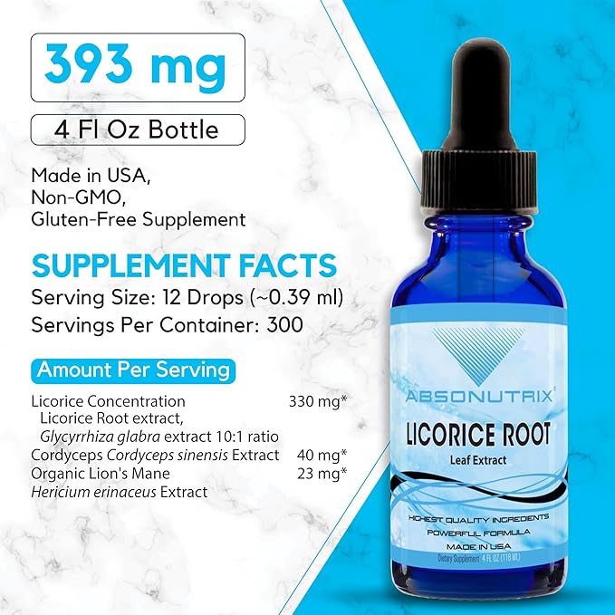 Absonutrix Licorice Root 330 mg, 4 Oz Liquid, 300 Servings, Made in USA, Quick Absorption, Quality Potent Ingredients, Non-GMO, GMP-Certified Facility, Cruelty-Free Products