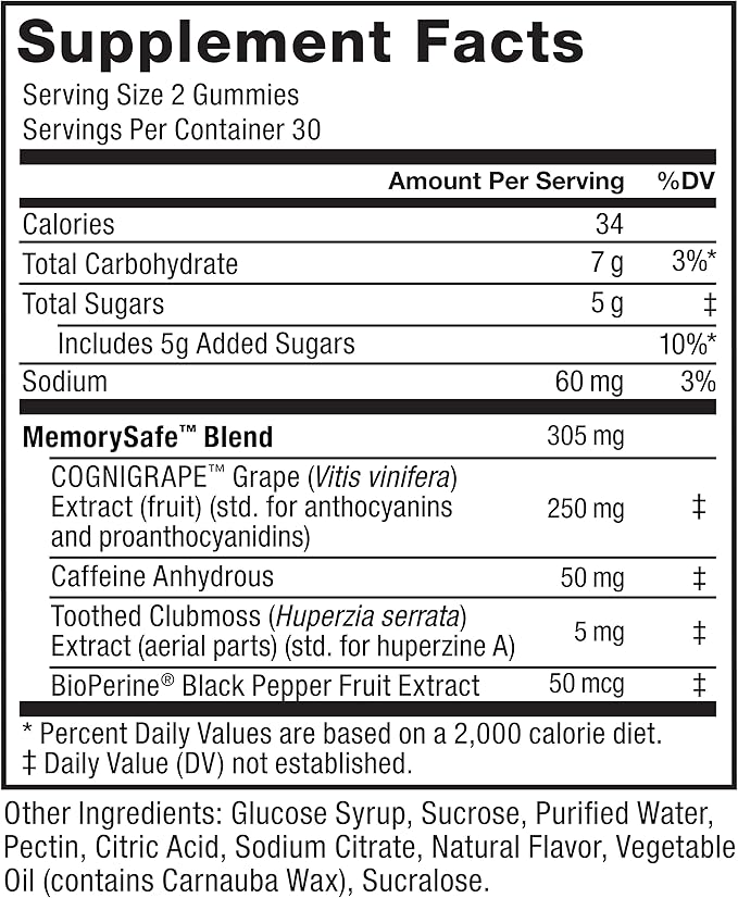 Force Factor Forebrain Gummies Nootropic Brain Support Supplement for Memory and Focus, Brain Vitamin with COGNIGRAPE and Huperzine A, Focus Gummies to Support Recall and Sharpness, 60 Gummies