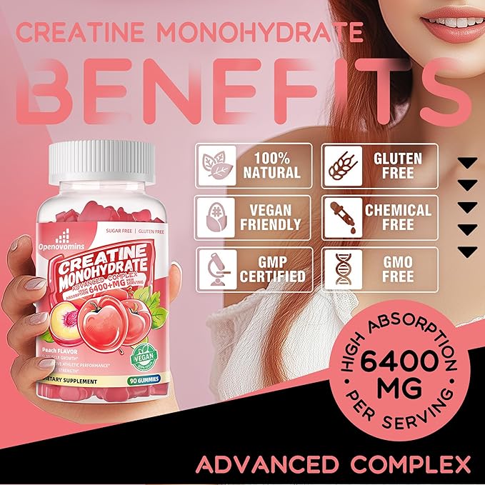 Creatine Monohydrate Gummies Complex for Men & Women -Advanced Formula W/L-Taurine + Vitamin B12, Sugar Free Chewable Supplement,90 Peach Gummies
