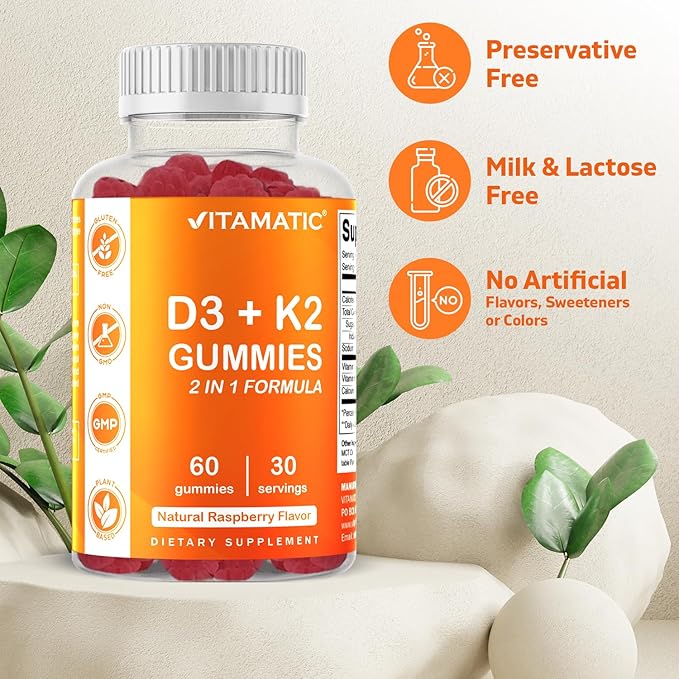 Vitamatic Vitamin D3 + K2 Gummies – 60 Count | Supports Bone, Heart & Immune Health – Promotes Calcium Absorption – Plant-Based, Non-GMO, Gluten-Free