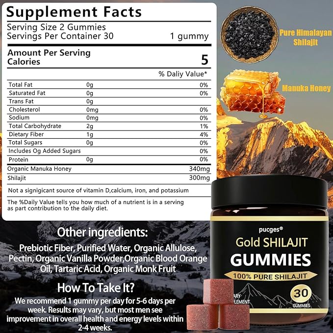 Shilajit Gummies for Men,Pure Shilajit Gummies for Men, Pure Himalayan Organic Shilajit Gummies for Men Supplement 30ct, Cane Sugar Free, Sweetened by Organic Manuka Honey 340mg