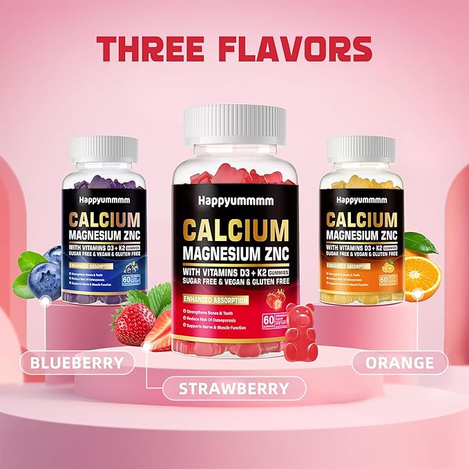 Calcium Magnesium Zinc Gummies with Vitamin D3 & K2 - High Potency Enhanced Absorption -60 Strawberry Gummies Flavored.