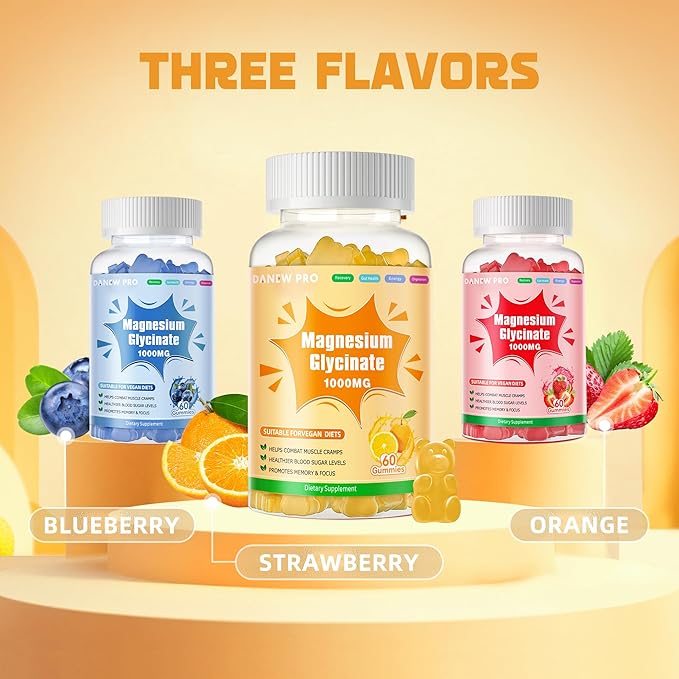 Magnesium Glycinate Gummies 1000mg - Sugar Free Magnesium Potassium Supplement with Vitamin D, B6, CoQ10 for Calm Mood & Sleep Support - 60 Orange Gummies