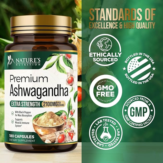 Herbal Ashwagandha 2,100 mg - Extra Strength Unwind, Calm & Relax Support with Black Pepper - Natural Focus & Energy Support - Ashwagandha Powder Supplements - Vegan, Gluten Free - 180 Capsules