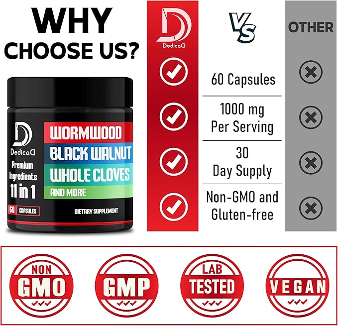 Wormwood Capsules Supplement - Extracted from Black Walnut, Cloves, Turmeric, Apple, Berberine HCl & More - 11 Ingredients combined for Immune System, Body Management & Digestion Health - 60 Capsules