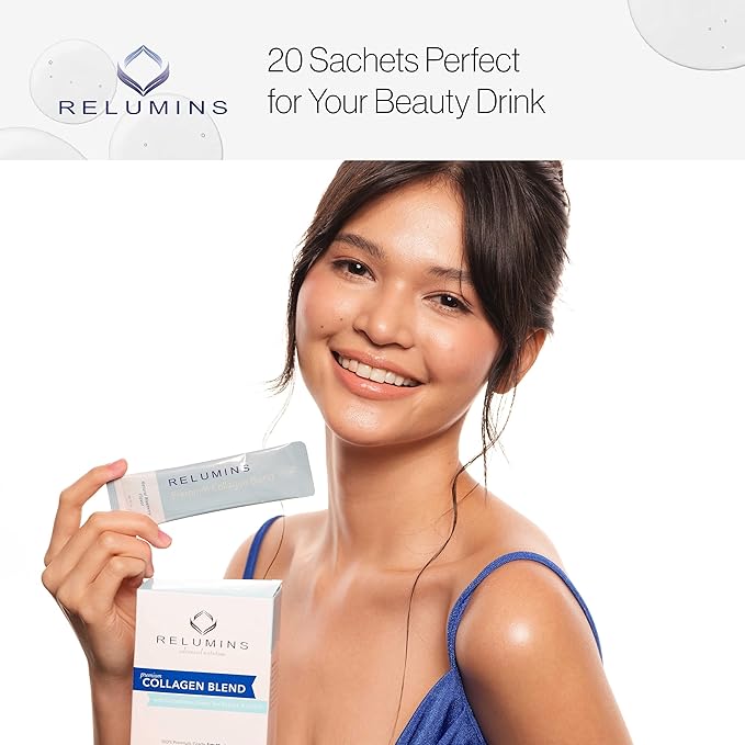 Relumins Marine Collagen Powder Drink Mix - Collagen Peptide with Glutathione, Green Tea, CoQ10, & Hyaluronic Acid Boosts Smooth Glowing Skin - 20 Powder Sachets x Pineapple Flavored + 2 Free Sachets