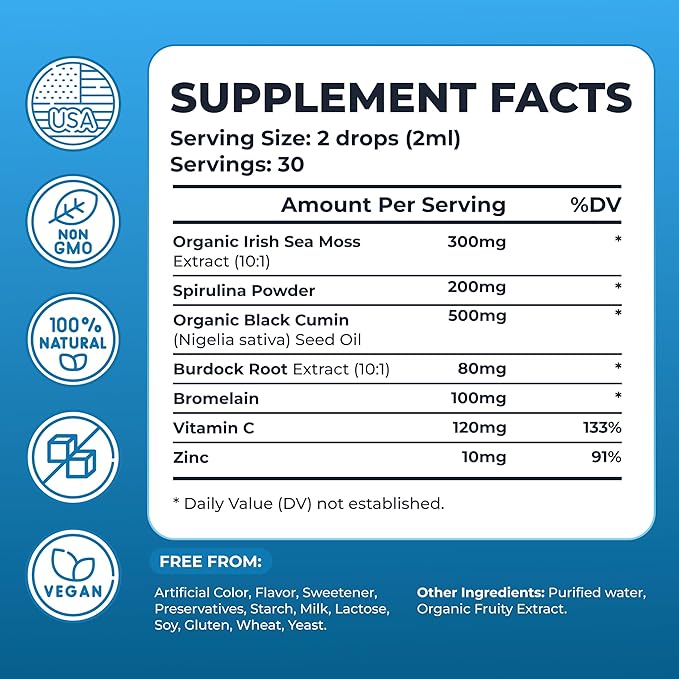 Irish Sea Moss Drops - 5X Stronger Than Sea Moss Gel - 92+ Essentials Minerals - with Bladderwrack, Burdock Root & Black Cumin - 2 Fl Oz (60ml) - Apple Flavor