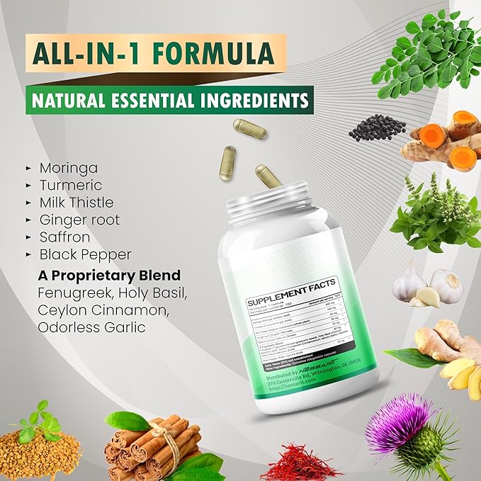 Moringa Supplement - 10-in-1 Natural Blend with Turmeric Milk Thistle Ginger Saffron Fenugreek Holy Basil Ceylon Cinnamon - 150 Count - Made & Tested in The USA