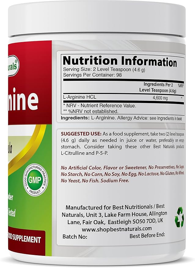 Best Naturals L-Arginine Powder 1 Pound - Pure Pharmaceutical Grade Free Form - Best Amino Acid Arginine Supplements for Women & Man - Promotes Circulation and Supports Cardiovascular Health