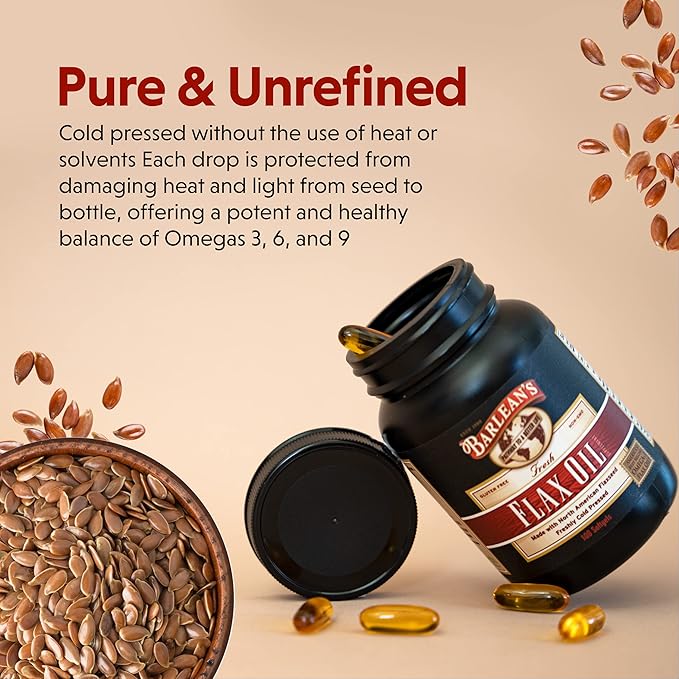 Barlean's Flaxseed Oil Softgels, Cold-Pressed Flax Seed Supplement with 1,650 mg ALA Omega-3 Fatty Acids, 1000mg, 100 ct