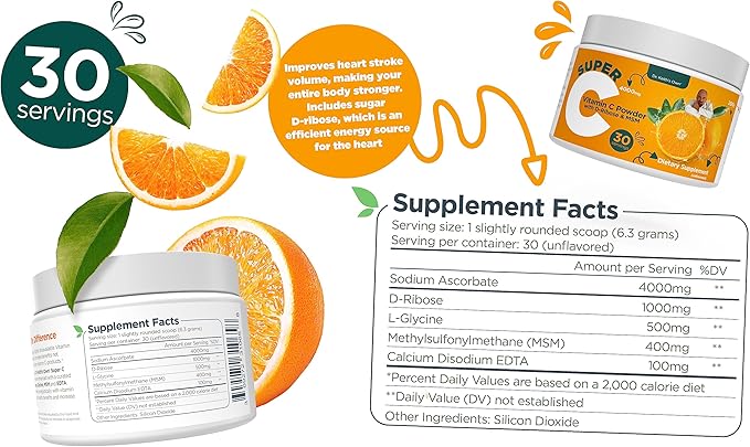 Dr. Keith's Own Super C-High Dose Powdered Vitamin C 4000mg with D-Ribose, Glycine, MSM-Highly Absorbable, Stomach-Friendly, Collagen Boost, Immune Support-Unflavored, 200 Grams (30 Servings)