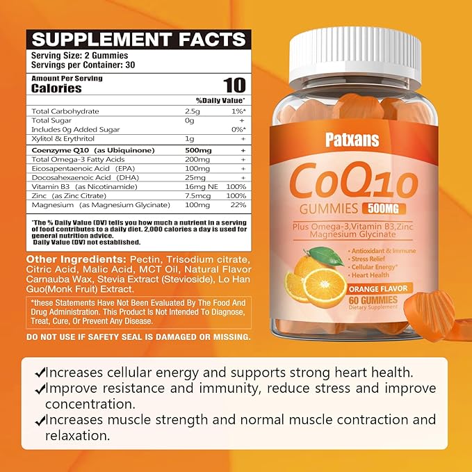2 Packs 500MG CoQ10 Supplement Gummies, Omega-3, Magnesium, Vitamin B3, Zinc, Ultra High Absorption Provides Healthy Support for Heart, Cell Energy& Antioxidants, Vegan, Non-GMO, 120Cts
