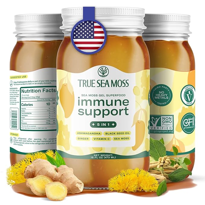 TrueSeaMoss Sea Moss Gel – Made in USA – 5-in-1 Formula – Wildcrafted Seamoss, Ashwagandha & Sea Vegetables – Ashwagandha, Pack of 1 (Labels may Vary)