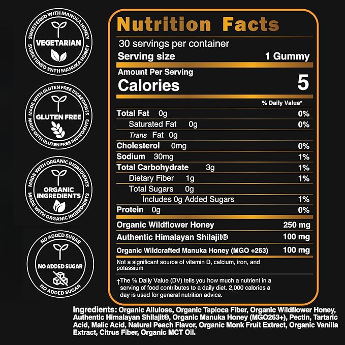 NutroTonic® Organic SHILAJIT Gummies | Peach & Vanilla Flavor | Wild Crafted Manuka Honey MGO +263 | Heart, Brain, Cellular Health | 30 Healthy Gummies | Proudly Made in USA with the Finest Ingredients