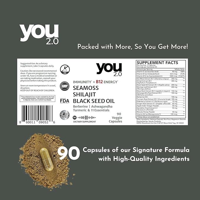 You2.0 Powerhouse Superfood with Seamoss, Shilajit, Ashwagandha, Berberine, Maca, Black Seed Oil, Turmeric, Vitamin C, D, B12, K2 - Moringa, Apple Cider, Made in USA for Overall Health & Immunity