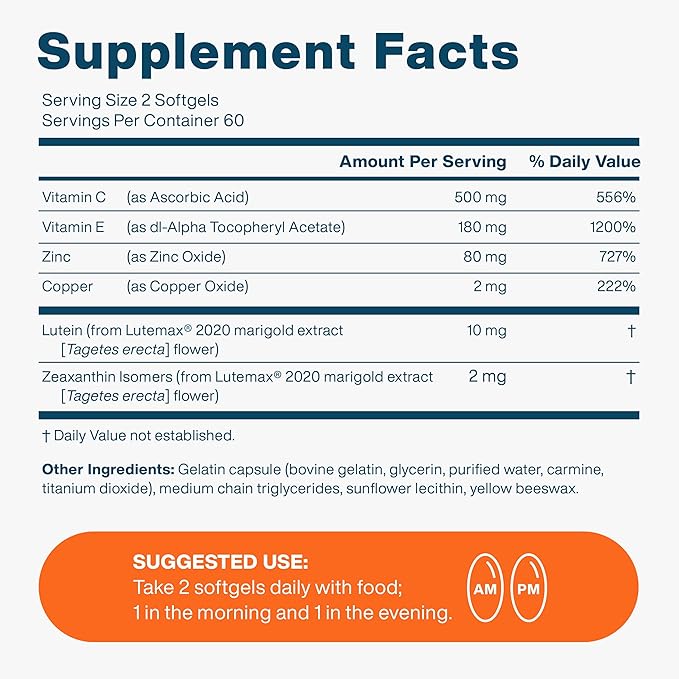 AREDS 2 Eye Vitamin & Mineral Supplement for Ocular Health, Lutemax 2020 with Natural Eye Institute AREDS 2 Study Ingredients Lutein, Vitamin C, & Zeaxanthin, 120 Mini Softgels