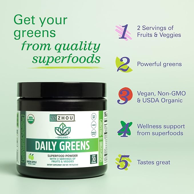 Zhou Nutrition USDA Organic Supergreens Powder, Superfood Smoothie Juice Mix, Spirulina, Chlorella, Wheatgrass, Kale, Fiber, Immune and Energy Support, Vegan, Non-GMO, 30 Servings
