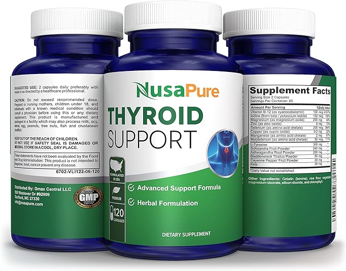 NusaPure Thyroid Support Supplement (Non-GMO) 120 caps, Ashwaganda, Iodine, Zinc, kelp, Vitamin B12, L-Tyrosine, Selenium, Copper