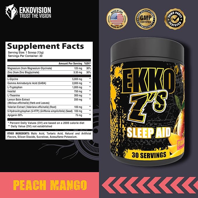 EKKO Z’S Sleep Aid Formula, Peach Mango Flavor, Sleep Support Powder with Magnesium Bisglycinate, Zinc, GABA, L Theanine, Melatonin, Adaptogens, Relaxation Support for Men & Women, 30 Srvgs