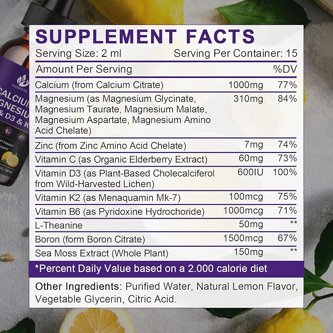 Calcium Magnesium Zinc 1300mg with Magnesium Glycinate, Vitamin C D3 K2 B6 and Sea Moss | Calcium Supplement Calcium with Vitamin D3 K2 Liquid Drop | Gluten Free | 2 Pack