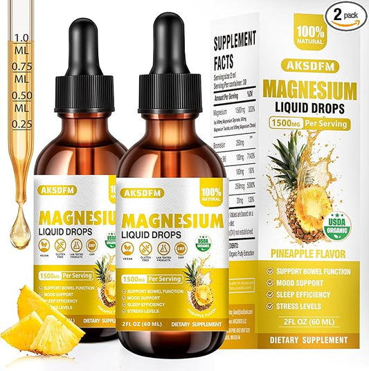 Magnesium Glycinate Liquid 2 Pack - 1500mg Maximized Absorption Magnesium Complex Supplement to Support Stress Relief, Night, Heart Health, Nerves and Muscles - Pineapple Flavor