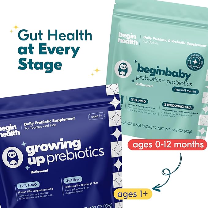 Begin Health BeginBaby Prebiotics and Probiotics for Infants 0-12 Months | Baby Formula Prebiotic + Probiotic Powder with 2'-FL HMO's & B. Infantis for Optimal Digestion | 28-Packs - Unflavored