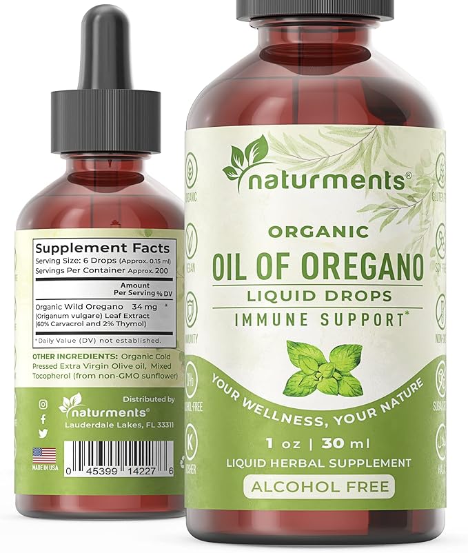 Naturments Oregano Oil Drops for Immune Support & Gut Health. Vegan, Non-GMO, Sugar Free & Gluten Free Organic Wild Mediterranean Oregano Oil with Organic Extra Virgin Olive Oil - 1 Fl Oz 30 Ml