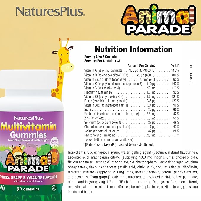 Natures Plus Animal Parade Multivitamin Children's Gummies - 90 Count - Assorted Cherry, Grape & Orange Flavors - Supports Immune System - Vegetarian, Gluten Free - 30 Servings