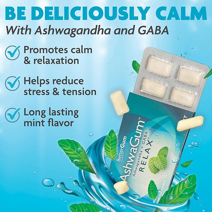AshwaGum RELAX Gum by BetterGum, High Potency Supplement with KSM 66 Ashwagandha and Gaba, Supports Stress and Tension Relief, Alternative to Gummies, Sugar-Free, 10 Pieces - 6 Pack