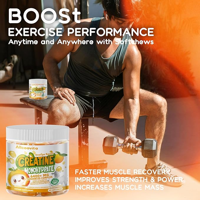 Creatine Monohydrate Chews Complex 6400mg for Men & Women -Advanced Formula W/L-Taurine + Vitamin B12, Sugar Free Chewable Supplement,60 Orange Softchews