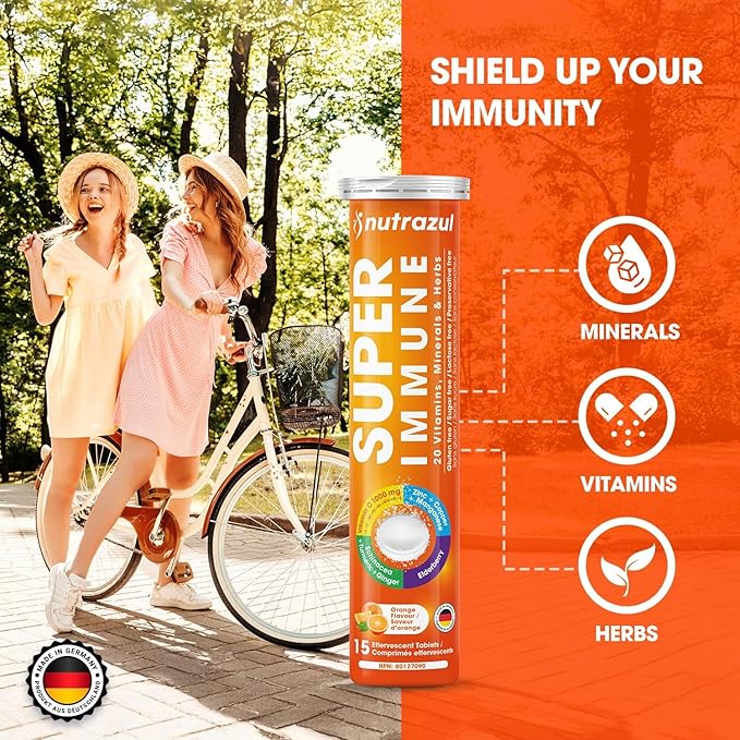 nutrazul Super Immune Effervescent Tablets | Maintains Immune Function & Antioxidant Support | 20 Vitamins, Minerals and Herbs | Orange Flavour | 30 Tablets