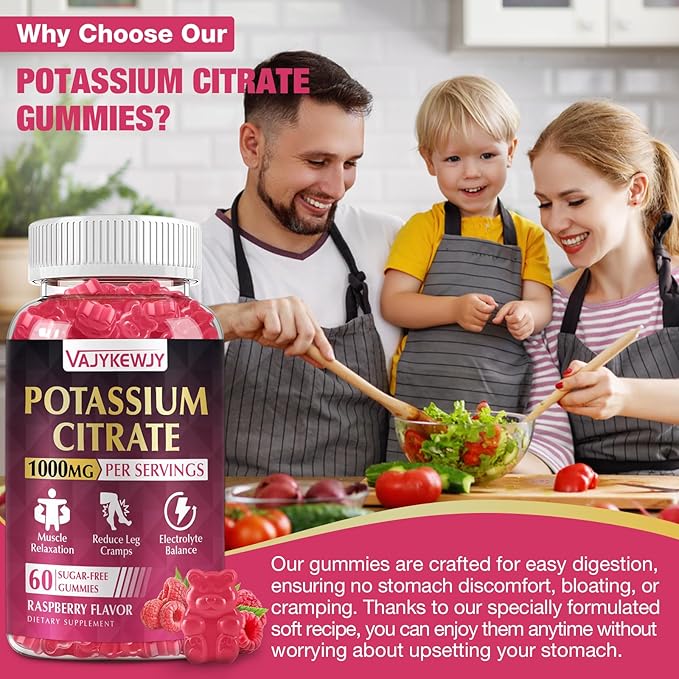 2 Pack Potassium Citrate Gummies, High Potassium Supplement (1000mg), Supports Leg Cramps & Muscle Health, Suitable for Adults & Kids, Vegan, Non-GMO, 120-Count