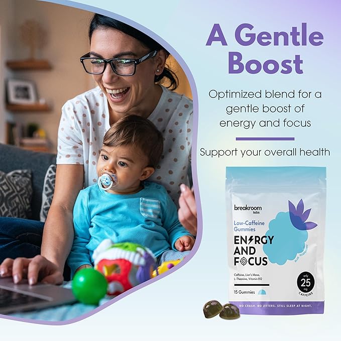 Energy and Focus Gummies – Low Caffeine 25mg w/L-Theanine, Lions Mane, Vitamin B12 – Nootropic Brain Supplement for Adults, Kids - Vegan, Low Sugar, Blue Raspberry Flavor, 15 Servings