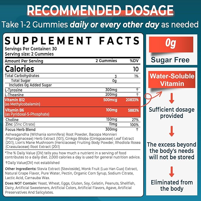 Sugar Free L-Tyrosine Focus Gummies L-Theanine Vitamin B12 & B6, Brain Herbs w/Lion's Mane Mushroom, Ginkgo Biloba, Bacopa Monnieri, Choline - Brain Supplements for Memoery, Nootropic, Energy, 2Packs