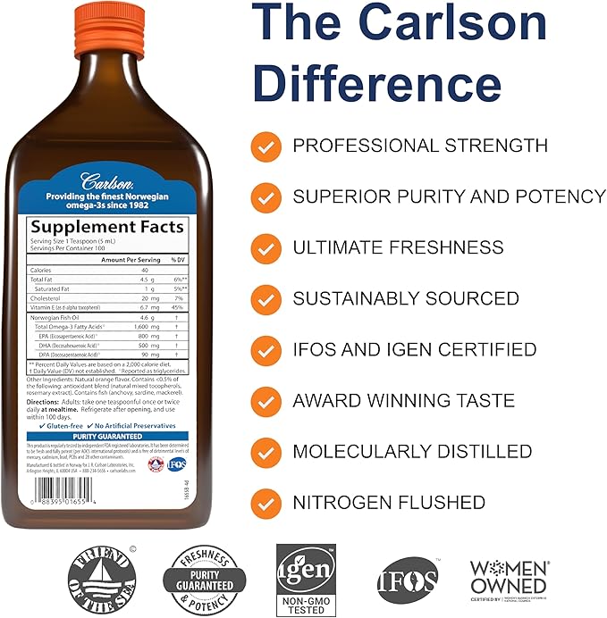 Carlson - The Very Finest Fish Oil, 1600 mg Omega-3s, Liquid Fish Oil Supplement, Norwegian Fish Oil, Wild-Caught, Sustainably Sourced Fish Oil Liquid, Orange, 16.9 Fl Oz