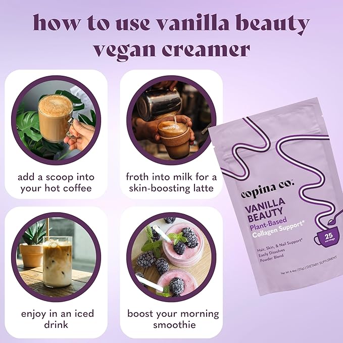 Vanilla Beauty Vegan Collagen Booster Creamer: Plant Based Collagen Support Smoothie Drink Vegan Creamy Blend | Vanilla Flavor | 1 Bag - 25 Servings per Bag